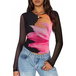ZESICA Womens Floral Mesh Going Out Tops Fall Long Sleeve Crewneck Slim Fit Ruched Y2k Shirts Beach Vacation Outfits