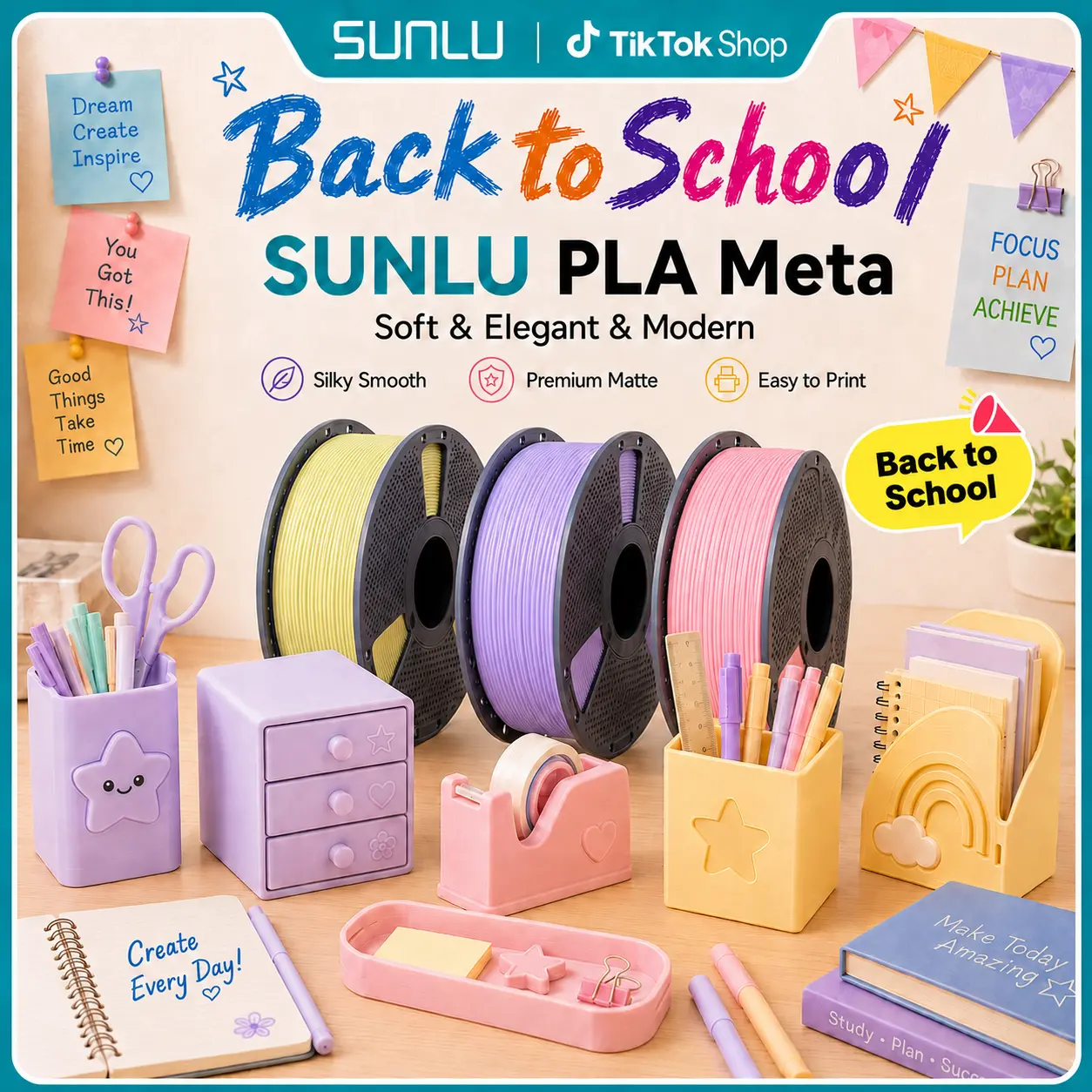 Back to School | SUNLU PLA Meta 3D Printer Filament, 1KG Macaron Colors, High-Speed Printing, Glossy Finish, Low Warping, Ideal for School, Office & Creative Projects,back to school,back to school haul