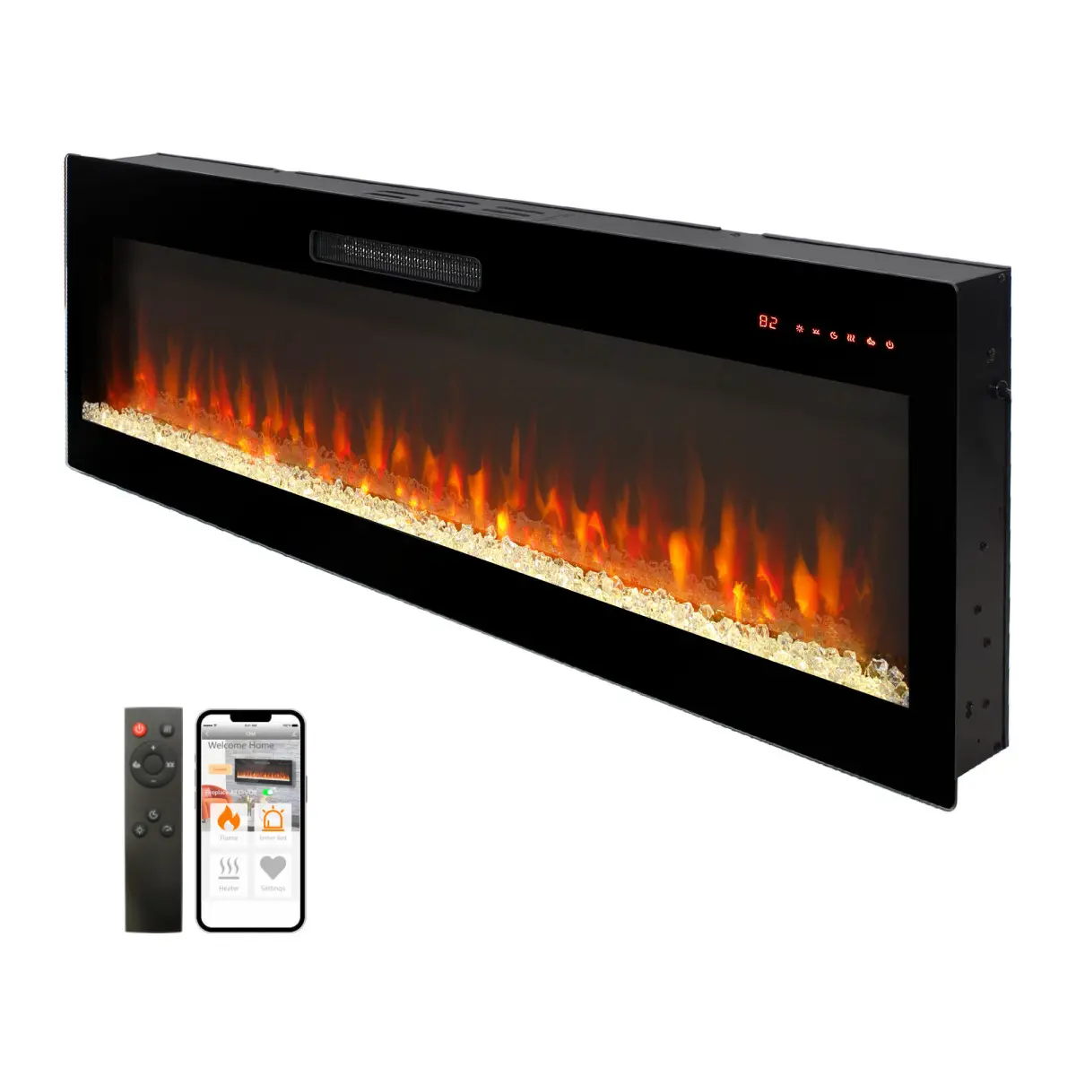 50" Wi-Fi Enabled Smart Electric Fireplace Heater with Tempered Glass Protector, Explosion-Proof, Touch Sensor, Voice Control, Remote, 1-9H Timer, Heat & Light, Sci-Fi Flame, 5000 BTU's/Hour, 55.05 lbs - Recessed In-Wall or Wall Mount