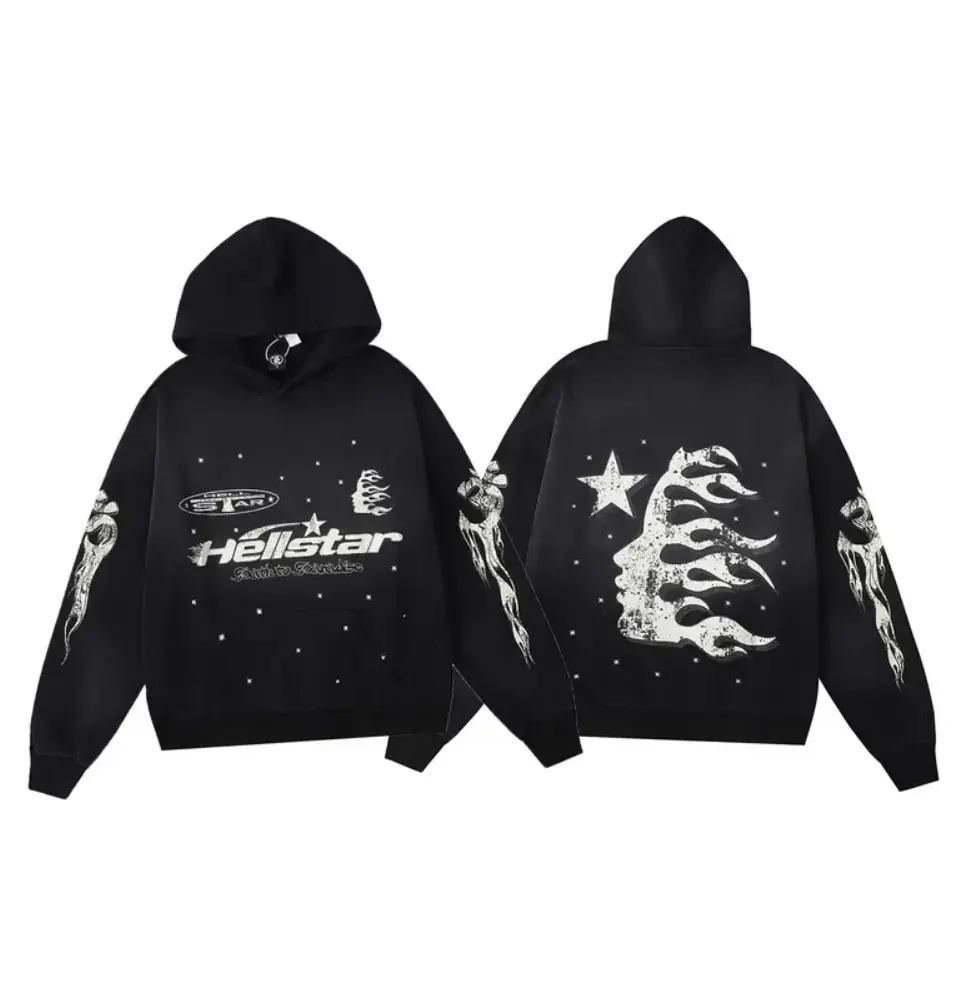 Hellstar Flame Hoodie – Oversized Y2K Streetwear Tracksuit, Unisex 2-Piece Hoodie and Jogger Set, Vintage Hip Hop Casual Outfit for Men & Women
