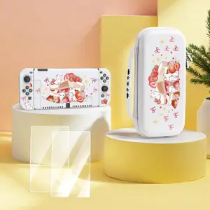 Strawberry Pattern Protective Case with Storage Bag, 3-in-1 Switch Accessory Set, Large Capacity Anti-fall Protective Cover, Suitable for Travel Storage, Screen Protector