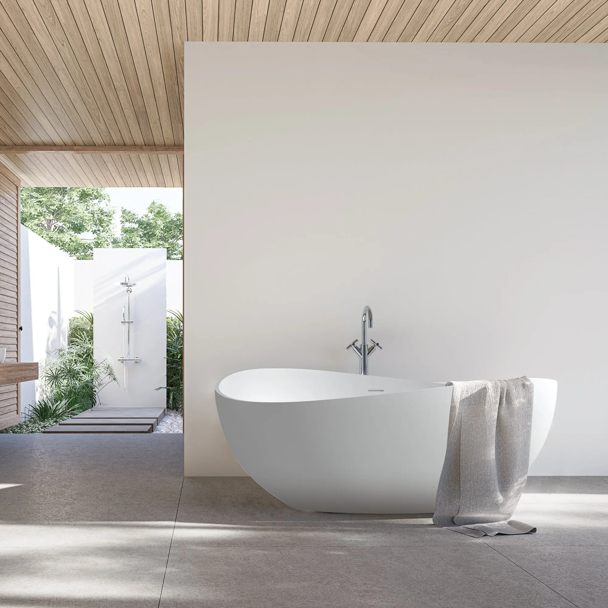 Vespa 63" x 39" Solid Surface Soaking Bathtub with Drain and Integrated Overflow