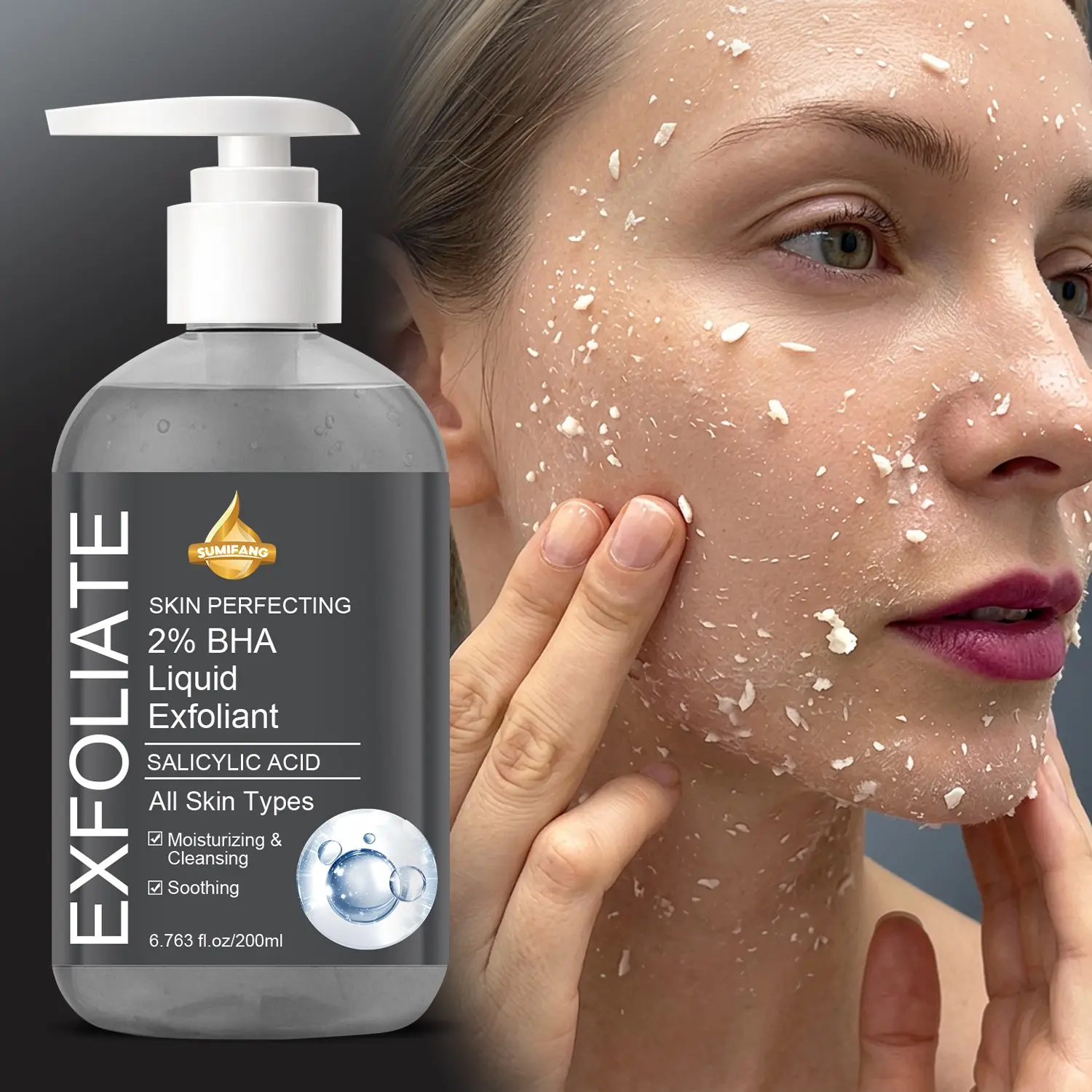 Gentle fruit acid exfoliating serum with Salicylic Acid for body and face, moisturizes and soothes skin, removes dead skin, unclogs pores, controls oil, cleanses away dead skin cells, gently cleanses pores, hydrates, soothes and repairs, Exfoliate