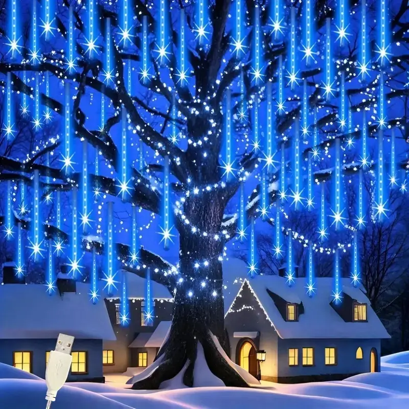 192 LED Meteor Shower Christmas Lights, USB Hanging Icicle String Lights, 8 Strands, LED Landscape Lighting, Outdoor Twinkle Lights, Outdoor Wedding Party Decorations, Holiday Decor, LED Lighted