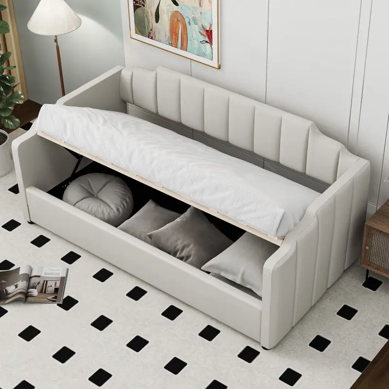 Upholstered Daybed with Underneath Storage,Twin/Full Size, Beige Upholstered Daybed with Underneath Storage,Twin/Full Size, Beige