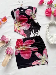 Romantic Floral Print Bandeau Eyelet Mesh Backless Top, Adjustable Drawstring Design, Sleeveless & Strapless Style, Perfect for Summer, Fashion