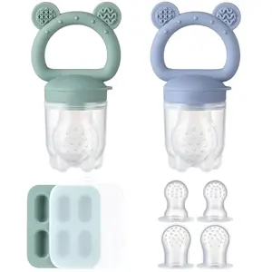 2 Pack Silicone Baby Fruit Feeder with Mini Freezer Tray, Breastmilk Popsicle Molds for Baby Teething Relief, Fresh Food Feeder for Safe Infant Self Feeding, Extra Food Pouches