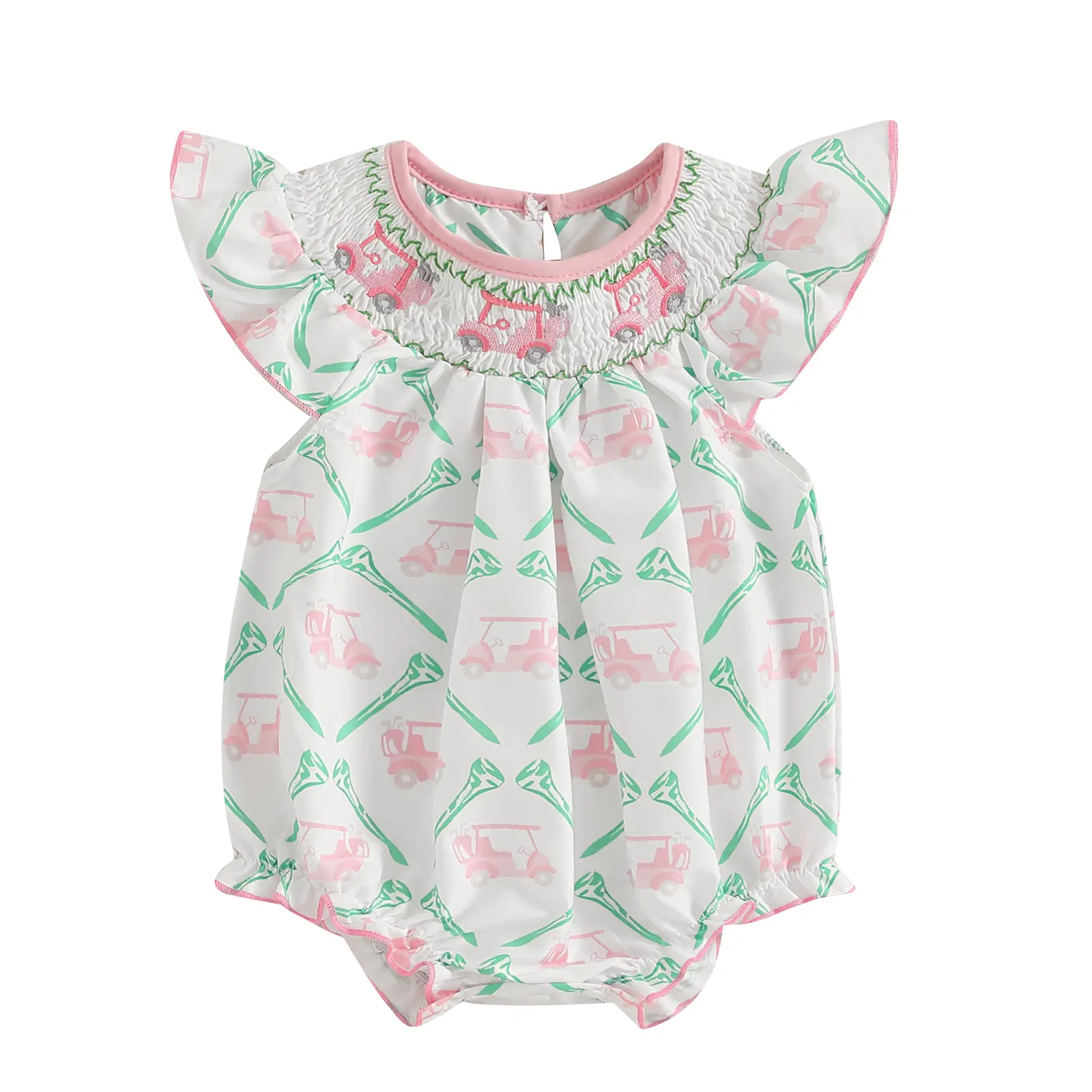 Newborn Baby Girl Summer Outfit Golf Cart Embroidery Smocked Bubble Romper Ruffle Fly Sleeve Onesie Bodysuit Jumpsuit