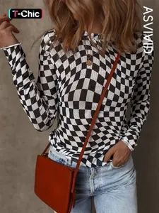 Women's Checkered Mesh Mock Neck Long Sleeve Top Shirts, Stylish Fitted Stretchy for All Season Everyday, Ladies Casual Clothes