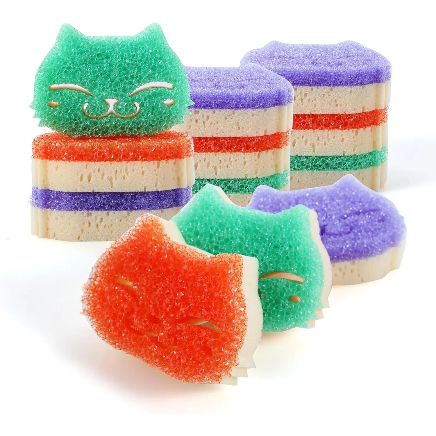 12 Pcs Scrubber Sponge Cat Smiley Shape Cleaning Sponge Double Sided Dish Sponge Multi-Purpose Sponges for Cleaning Dishes, Furniture, Kitchen, Bathroom