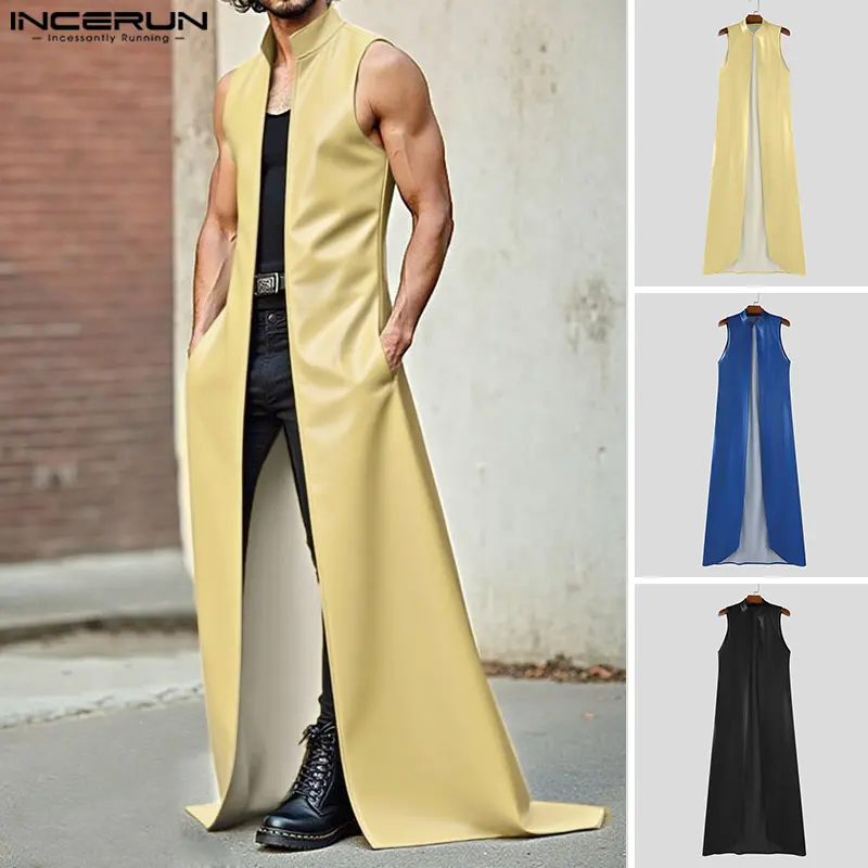 INCERUN Men's Long Plain Solid Sleeveless Retro Leather Maxi Duster Jacket - Lightweight Polyester-Blend Menswear Fashion Top with Pockets, Edgy Layering Piece for Party & Everyday Wear
