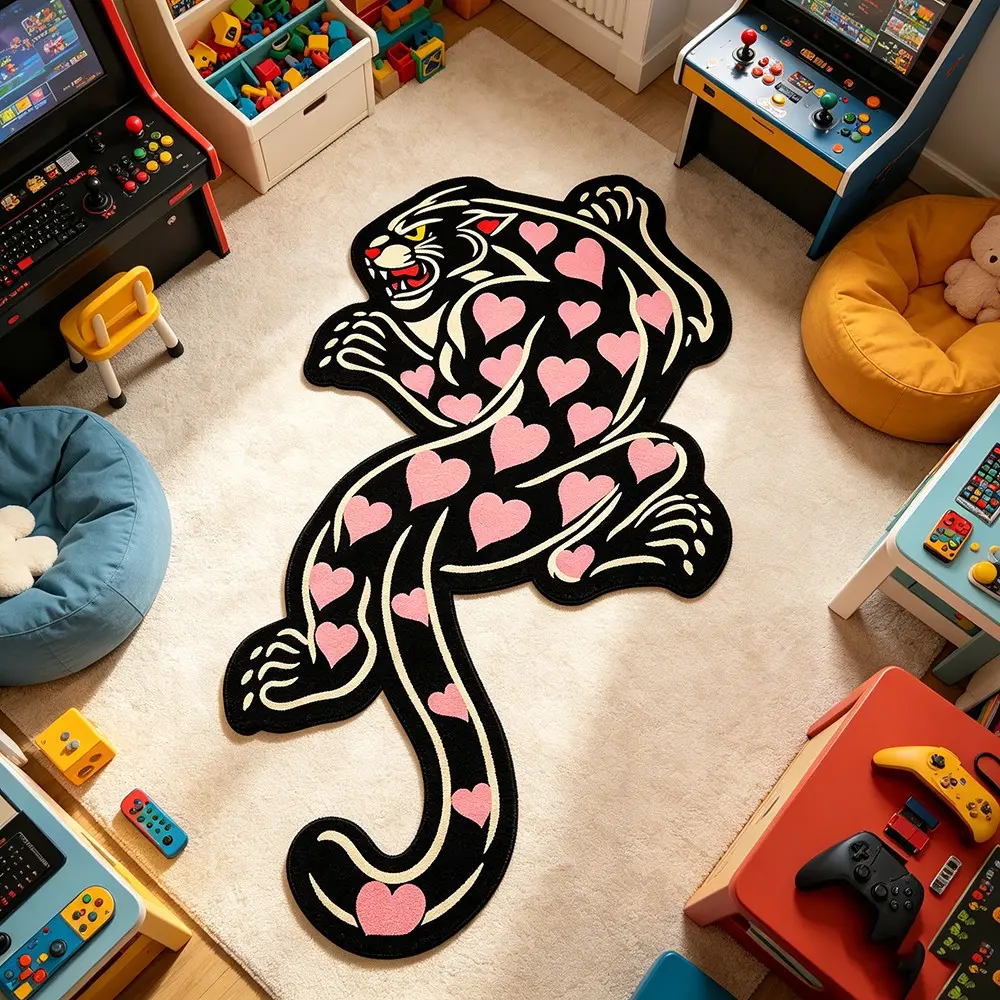 Vintage Tattoo Heart Panther Rug, Soft Foldable Non-Slip Carpet, Home Decorative Rug, Ideal for Living Room Bedroom, Perfect Gift