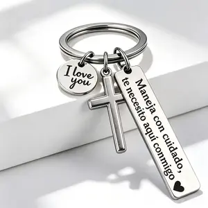 Maneja Con Cuidado Te Necesito Aquí Conmigo Keychain with Cross & "I Love You" Charm, Spanish Drive Safe Stainless Steel Keyring, Romantic Religious Gift for Boyfriend on Birthday Father Day Valentines Day Gifts Outdoor Accessories Spanish Styles