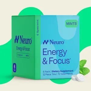 Neuro Spearmint Energy & Focus Mints (72 Pieces) - Sugar Free with Natural Caffeine, L-theanine, Vitamin B12 & Vitamin B6
