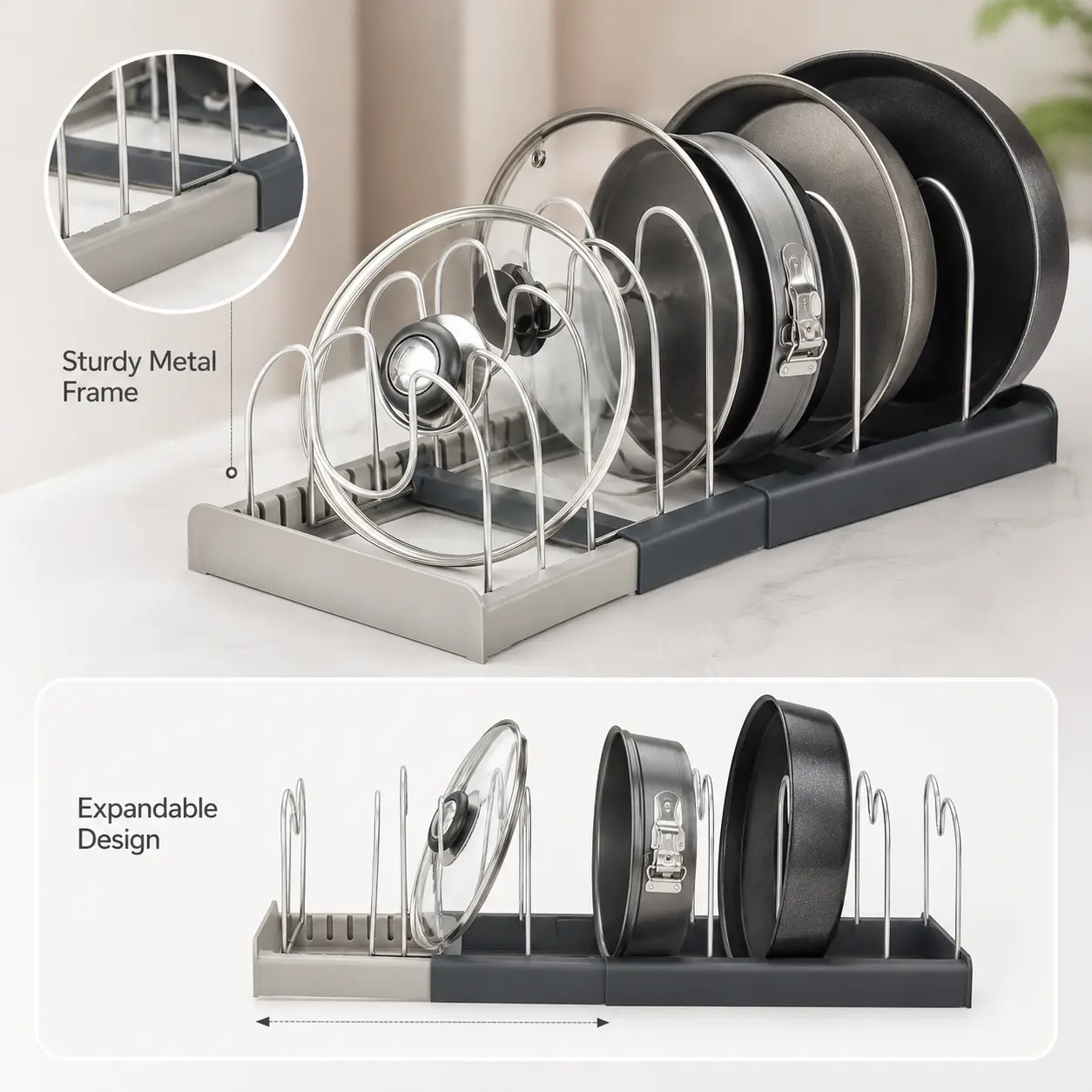 2pcs Expandable Pot and Pan Organizer Rack for Cabinet, Pot Lid Organizer Holder with 7 Adjustable Stainless Steel Dividers for Kitchen Cabinet Organization and Storage