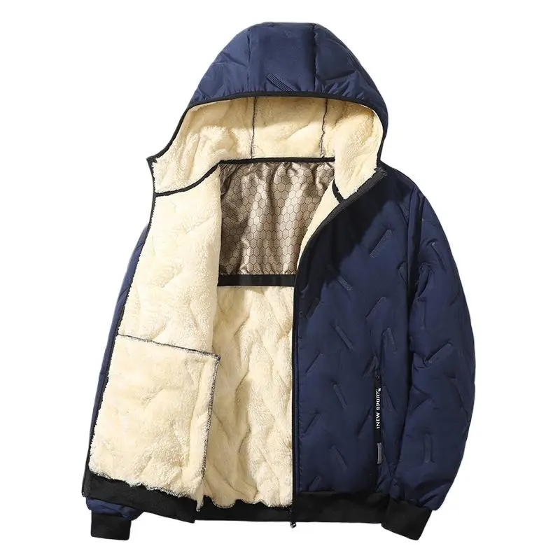 Men's casual thick wool lined hooded jacket, warm and windproof wool jacket with pockets and long sleeved zipper design, suitable for winter wear, casual and versatile winter men's long sleeved hooded jacket with thick velvet and waterproof