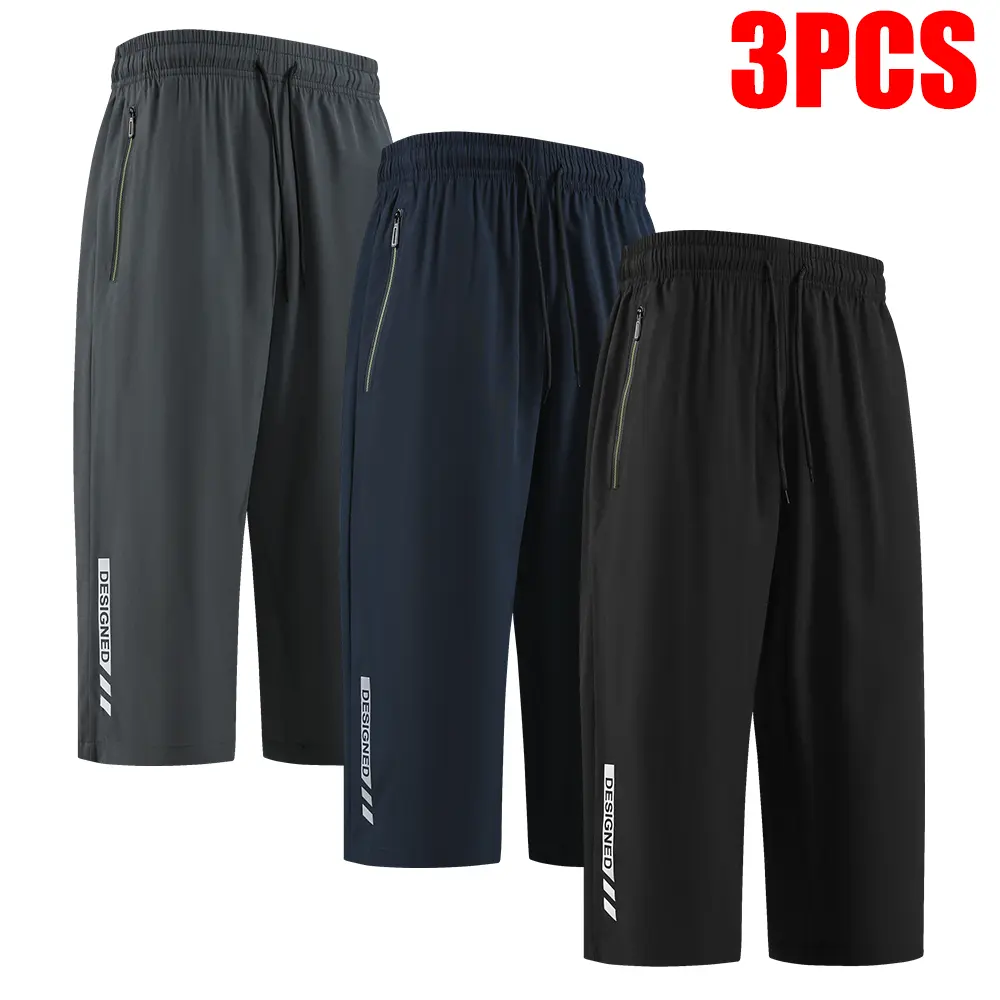 Men's 3 Pack Quick Dry Drawstring Long Shorts, Elastic Waist Athletic Capris with Zipper Pockets, Breathable Summer Workout Shorts for Running, Gym & Outdoor