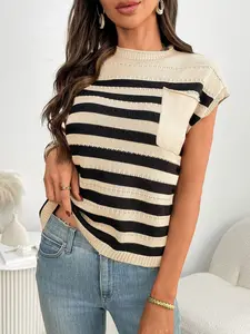 Striped Knit Pocket Detail Cap Sleeve Sweater