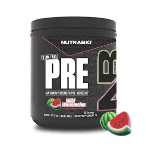NUTRABIO Stim-Free PRE Workout Powder - Maximum Strength Fitness Supplement with 10g Citrulline, Beta-Alanine, Electrolytes for Laser Focus, Muscle Pumps, Energy - 20 Servings, Wild Watermelon, Fitness Supplements