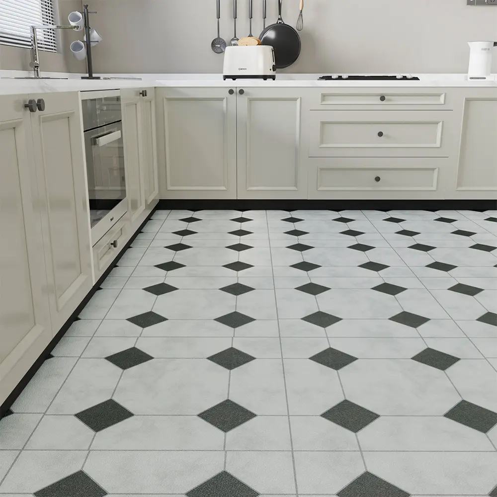Jeedeson Self-Adhesive Vinyl Flooring Roll - 120"x24" Grey Geometric Eco-Friendly Healthy Water-Resistant Peel-Stick Tiles for Kitchens, Bedroom