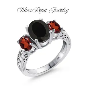 S925 Mother's Day 2.73 Cttw Black Onyx and Red Gamet 3 Stone Ring For Women, Sterling Silver Artificial Gemstone Jewelry, Vintage Synthetic Obsidian Ring Wedding Engagement Anniversary Promise Ring For Women