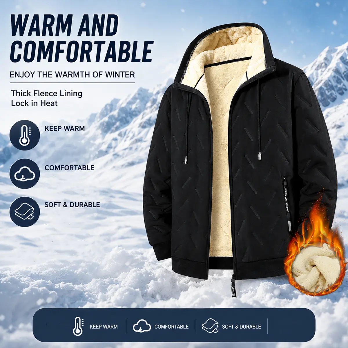 Men's Casual Sherpa Fleece Lined Hoodie, Fitted Quilted Full Zip Jacket, Thermal Long Sleeve Winter Coat with Pockets, Tops, Minimalist