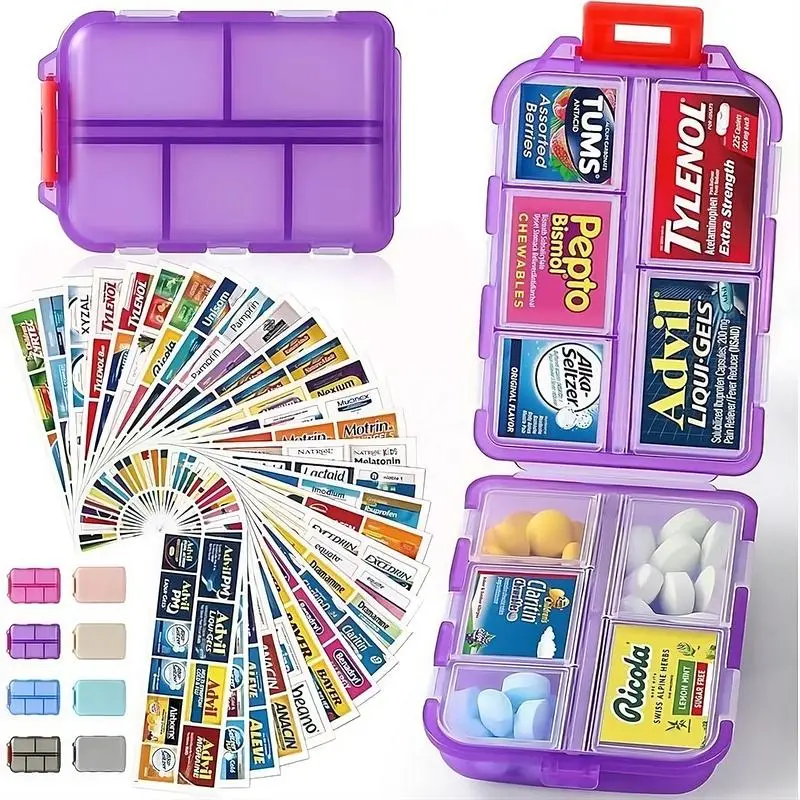 Travel Pill Organizer Box, 161Brand Labels,Portable Pocket Purse Pharmacy, 10Compartment Small Pill Case Medicine Kit, DailyWeekly Vitamin Supplement