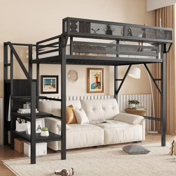 Bellemave  Twin Size Loft Bed with Stairs, Metal Full Loft Bed with Storage Shelves, High Loft Bed with Wardrobe for  Teens, Black