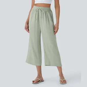Halara High Waisted Drawstring Wide Leg Cropped Casual Linen-Feel Pants with Pockets