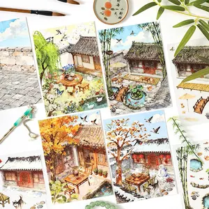 4 Pack Humble Stickers Landscape Scenery Hand Account Zen Theme Collage Decoration Creative Stationery Materials DIY Scrapbook Frame Album Cup Diary Calendar