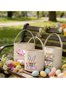 Cute Happy Easter Bunny Linen Bucket - Carrot & Egg Print Tote Bag, Perfect for Egg Hunting, Spring Flower Decor, Party Favors & Easter Gifts