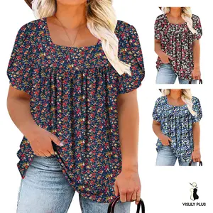 Women’s Plus Size Summer Tops Chic Loose Square Neck Petal Sleeve T-Shirts Lightweight Flowy Pleated Tunic Blouses XL–5XL VPS0119 floral short sleeve t-shirt women oversized tshirt summervibes