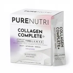PURENUTRI Multi Collagen Peptides Powder, Types I, Il, IIl, V & X, with ACV, Biotin, Vitamin C& Hyaluronic Acid, 30 Packets