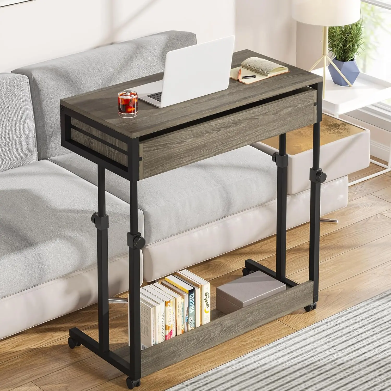 LITTLE TREE Portable Desk with Drawers, Mobile Laptop Desks with Wheels, Couch Desk Sofa Side Table, Small Standing Desks for Home Office