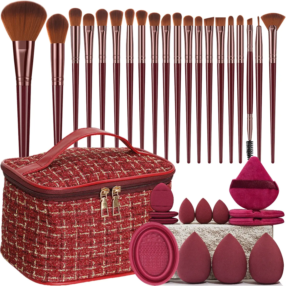 34-Piece Makeup Brush Set with Bag, Soft Bristles, Beauty Sponge, Powder Puff, Face Cleansing Pad, Multifunctional Cosmetic Tool Kit for Beginners, Makeup Travel Bag, Makeup Tools Set, Makeup Brushes Kits, Makeup Accessories
