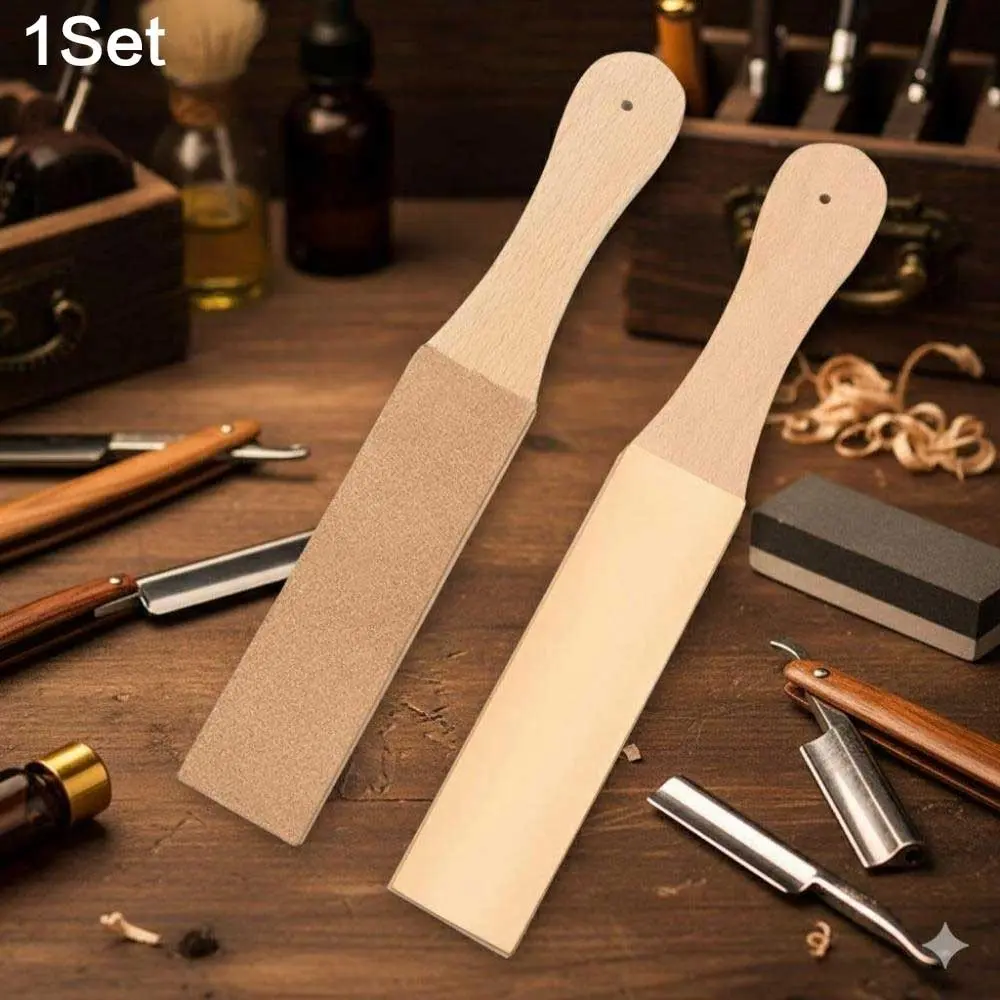Professional Double-Sided Leather Strop Wooden Kit with Wood Handle | Razor & Knife Sharpening Tool | Portable Polishing Strop for Home, Kitchen Knives, Outdoor Blades, Straight Razors | Handmade Sharpening Stone & Maintenance Accessory