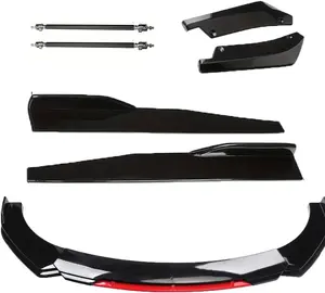 Black &Red "" Adjustable Universal Car Front Bumper Lip Spoiler Diffuser Body Kits + " Side Skirt Extension Rocker Panel Body Kit + " Rear Bumper Lip