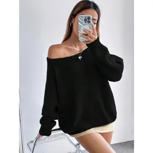 Women's plain off shoulder raglan sleeve casual loose sweater, autumn/winter, long sleeve tops Hoodie Sweatshirts