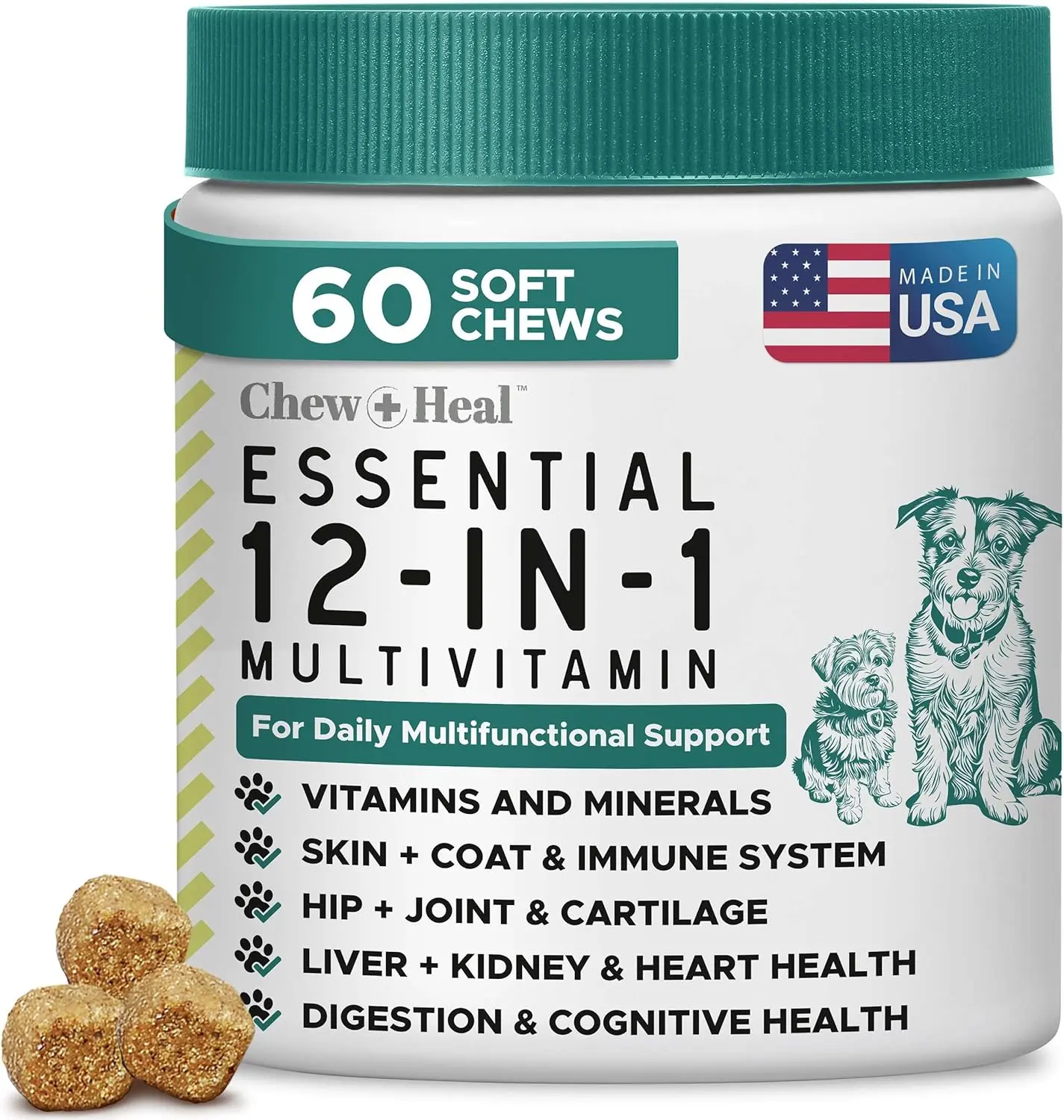 12-in-1 Dog Multivitamin Chewable Supplement for Puppy and Senior Dogs - Supports Hip and Joint, Skin and Coat, and Immune Health with Glucosamine, Omega 3, 6, 9, and Probiotics - Tasty Chicken Flavor - High Potency Formula