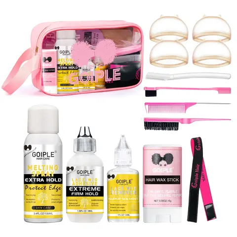 Goiple Lace Melting Spray - Premium Wig Adhesive, Extra Hold Forehead Fixer, 0.56oz (1.28fl oz Equivalent) Hair Replacement Tool with Wax Stick, Adhesive Remover, Wig Band, Bristle Brush, Spray Gel for All Hair Types