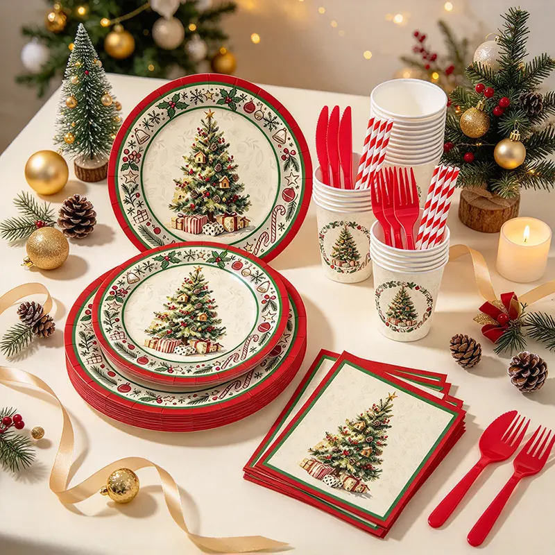 Christmas Disposable Tableware Set, Vintage Xmas Tree Paper Plates, Paper Cups, Napkins and Plastic Cutlery, Holiday Dinner Party Supplies for Family Christmas Party