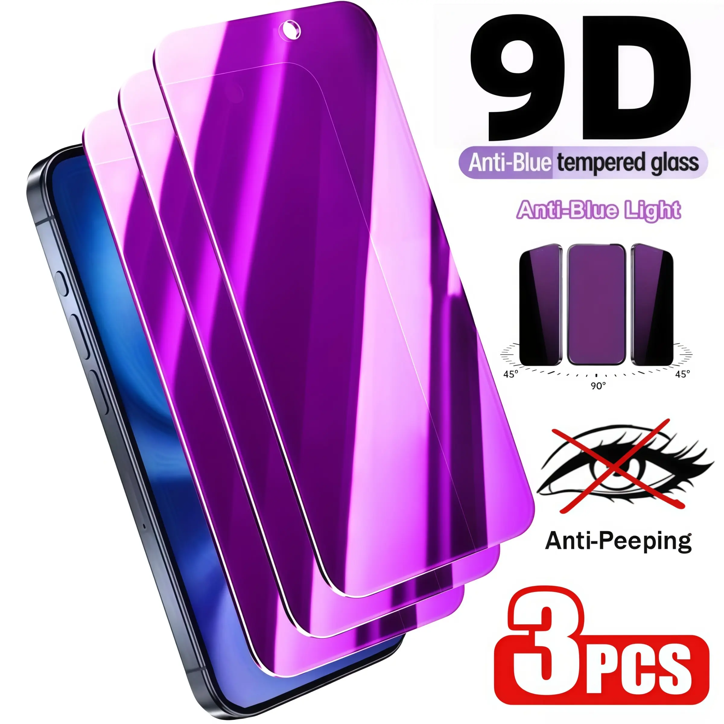 3-Pack Blue Light Blocking Privacy Durable Tempered Glass Film Protector for Cellphone, Full Screen Protection, Eye Care Design, Compatible with iPhone Models