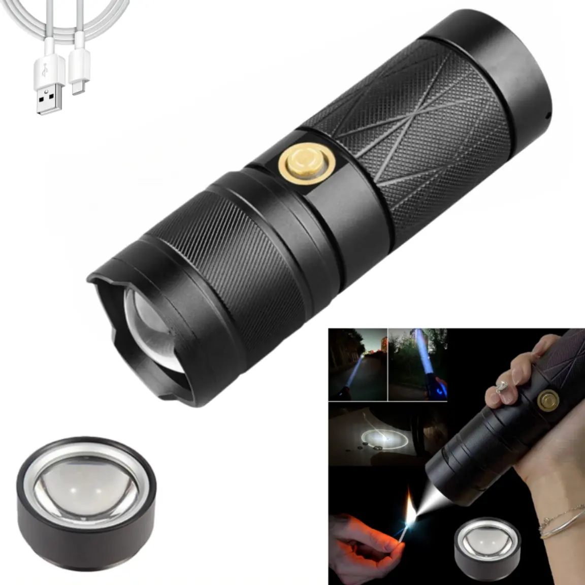 Super Bright Floodlight & Spotlight Flashlight with Telescopic Zoom, Built-in Ignition Function, 5 Lighting Modes, Aluminum Housing, Ultra-Long Battery Life Emergency Flashlight for Daily Indoor Use