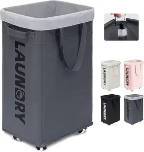 Goodpick Laundry Basket with Wheels, 75L Collapsible Large Laundry Hamper, Slim Laundry Basket with Removable Wash Bag for Corner Dorm, Rolling Laundry Basket with Handles, Grey