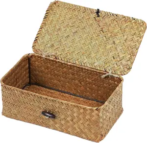 Wicker Storage Basket with Lid, Natural Seagrass Storage Baskets for Organizing, Rectangular Woven Basket for Storage, Decorative Boxes Bins with Lids Home Organizer Decor