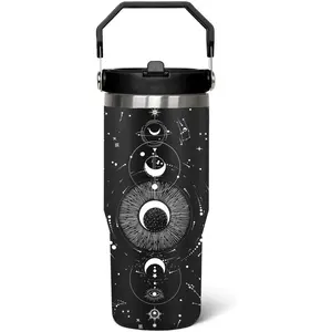 30 oz Stainless Steel Classic Skinny Portable Insulated Goth Water Bottle Tumbler Set - With Handle, Lid, Printed Straw; Sun and Moon Gothic Witch Coffee Travel Mug, Women's Aesthetic Birthday Gift