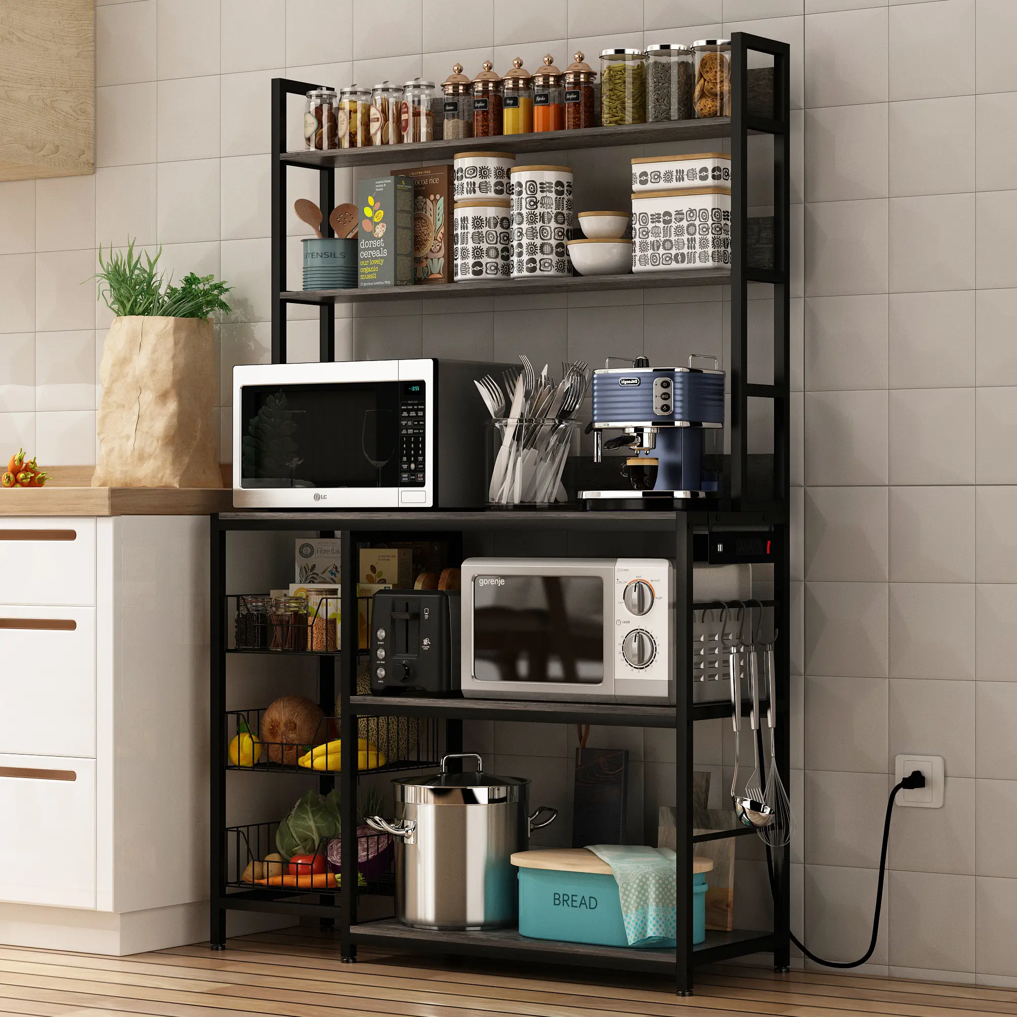 NAIYUFA 5-Tier Bakers Rack With Power Outlet , Industrial Microwave Stand Shelf For Kitchen, Living Room, Adjustable tote storage Organiser, Kitchen Accessories, Adjustable Foot Baker's Racks