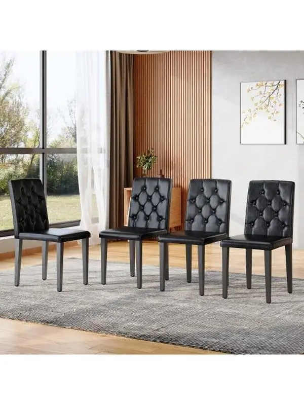Bellemave 4-Pack Wide PU Leather Glam Dining Chairs - Ergonomic Buckle Backrest, 35in High Black Metal Legs, Back-Friendly Comfy Design - Ideal for Family Dining Rooms, Hotel Banquet Halls