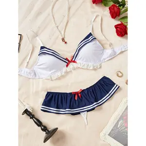 2pcs Nautical-Inspired Bikini-look Lingerie Set |   Ruffle Detailing And Bow Accents Bra & Panty - Erotic Role Play Underwire for Women