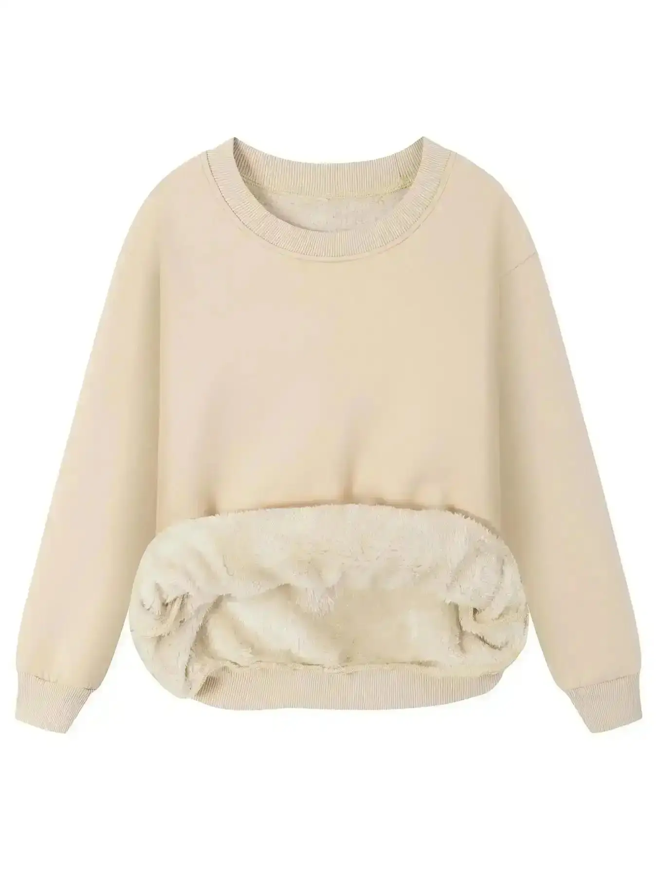 Women's Solid Drop Shoulder Fuzzy Soft Polyester Jersey Sweatshirt, Casual Long Sleeve Round Neck Pullover, Warm Fall and Winter Clothes for Daily Wear, Minimalist Chic, Comfortable Everyday Fit